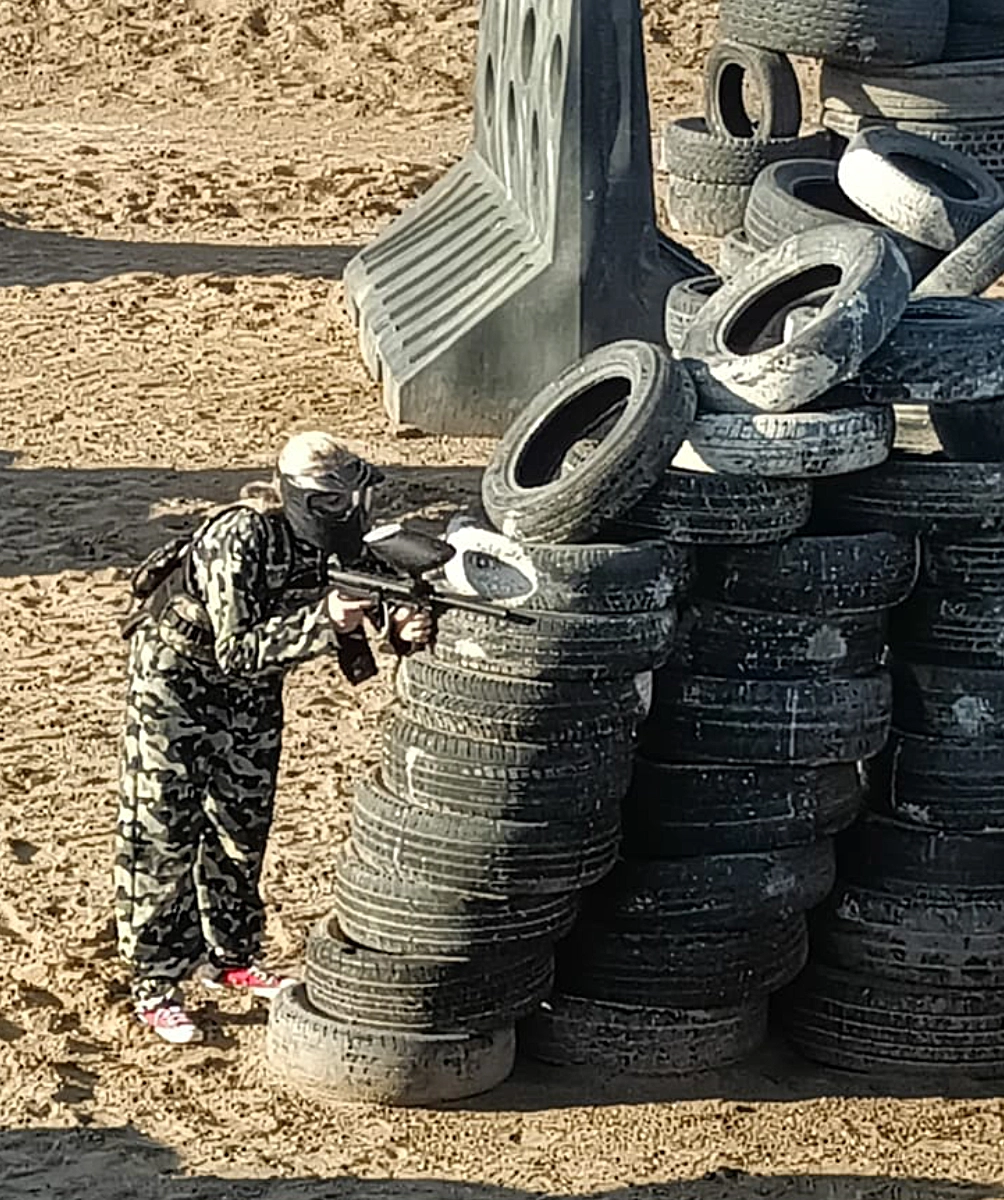 Player behind wall of tyres at Walvis Bay Activities